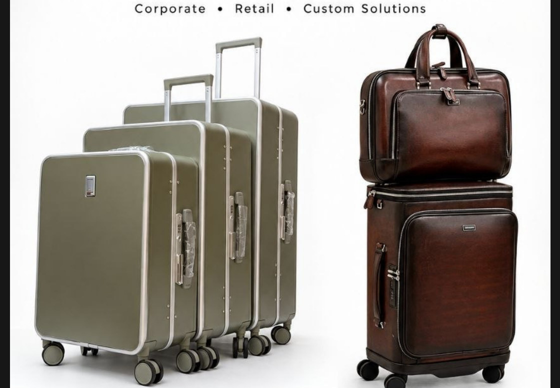 Aluminium luggage set and leather hand luggage supplied by West Travel Gear